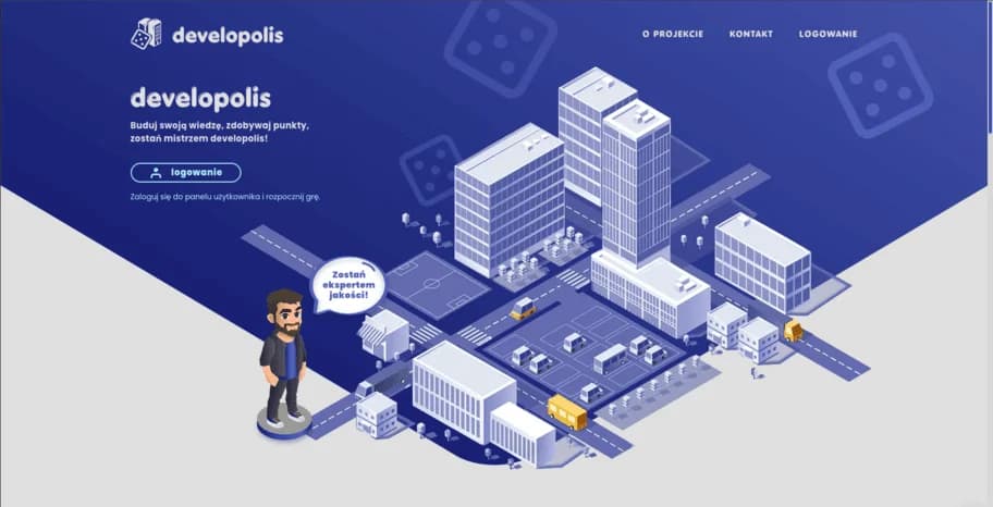 Hero Developolis z izometrycznym miastem na niebieskim tle