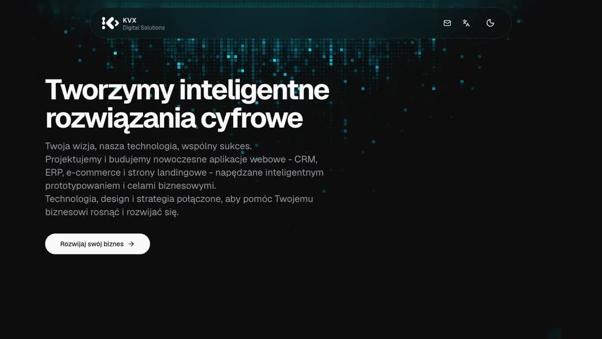 Strona KVX Digital Solutions z turkusową grafiką na ciemnym tle